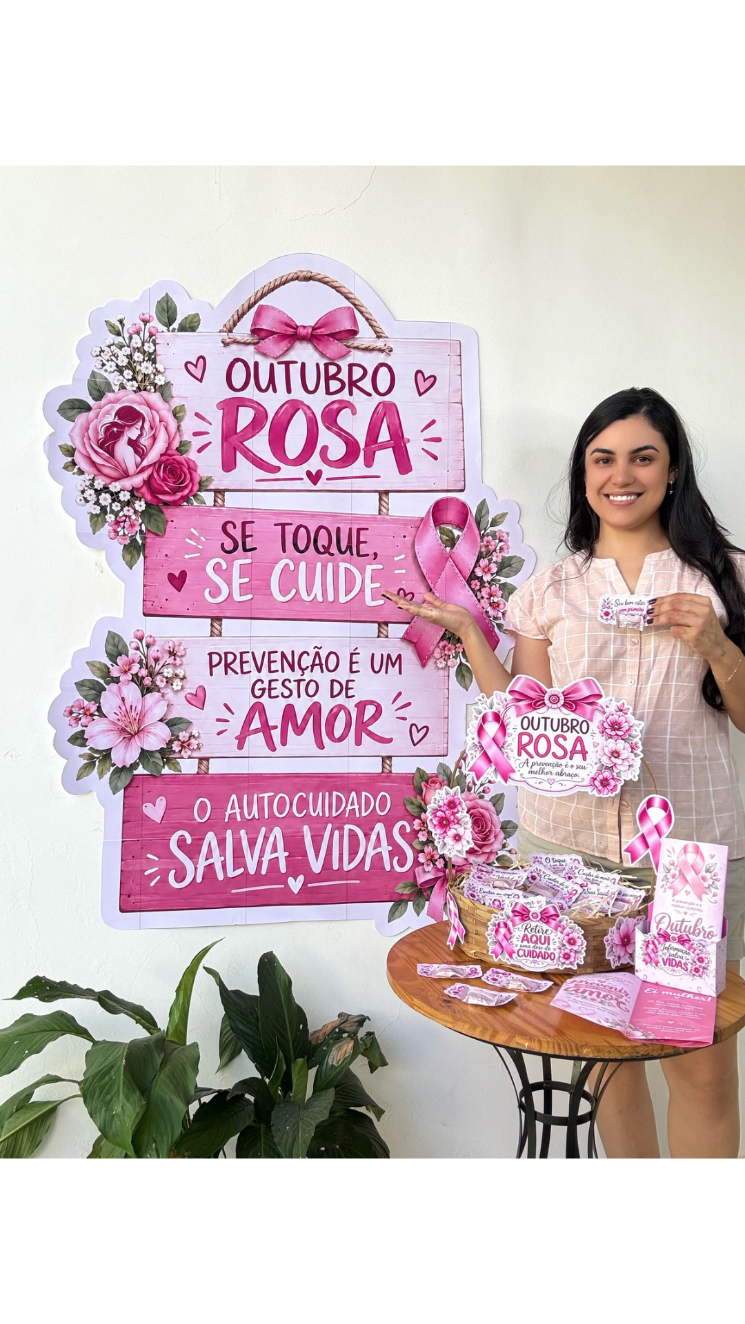 Painel + decoração para cesta + folder – Outubro Rosa