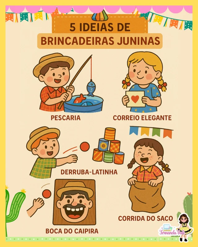 É tempo de alegria, forró e muita diversão!
Selecionamos 5 brincadeiras juninas que não podem faltar na sua festa:
Pescaria, correio elegante, derruba-latinha, boca do caipira e corrida do saco!
Tudo no maior estilo caipira e com muita risada garantida!”

Qual é a sua favorita? Conta pra gente nos comentários!
#FestaJunina #BrincadeirasJuninas #EducaçãoInfantil #ArraiáDivertido #JunhoChegou #PainelJunino #IdeiasCriativas #ProfessoraCriativa