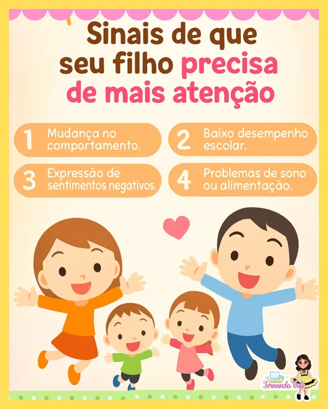 🧠💛 Sinais de que seu filho precisa de mais atenção
Nem sempre as crianças conseguem expressar o que sentem com palavras… mas o comportamento fala alto! 👀✨

Se você notar mudanças como:
1️⃣ Comportamento diferente
2️⃣ Queda no rendimento escolar
3️⃣ Expressões de tristeza ou raiva constantes
4️⃣ Problemas para dormir ou se alimentar…

🚨 É hora de ligar o sinal de alerta e oferecer um olhar mais atento e carinhoso. O apoio da família faz toda a diferença! 👨‍👩‍👧‍👦❤️

#SaúdeEmocional #EducaçãoInfantil #AtençãoÀsCrianças #DesenvolvimentoInfantil #DicaDeEducadora