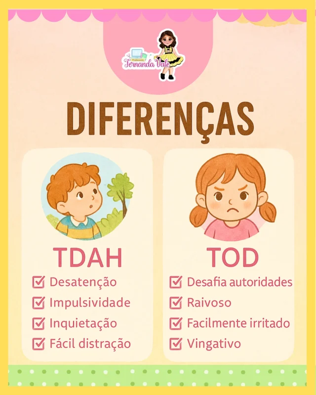 🧠✨ Entender é o primeiro passo para acolher!
Nesta imagem, mostramos as principais diferenças entre o TDAH e o TOD, dois transtornos que impactam o comportamento infantil.
Compreender essas características ajuda a promover empatia, respeito e apoio no ambiente escolar e familiar 💛🌈
⠀
📌 Salve e compartilhe com quem precisa!
#EducaçãoComAmor #TDAH #TOD #InclusãoEscolar #EntendaParaAcolher #ProfessoraFernandaVale #Neurodivergência #EducaçãoInfantil #Psicopedagogia