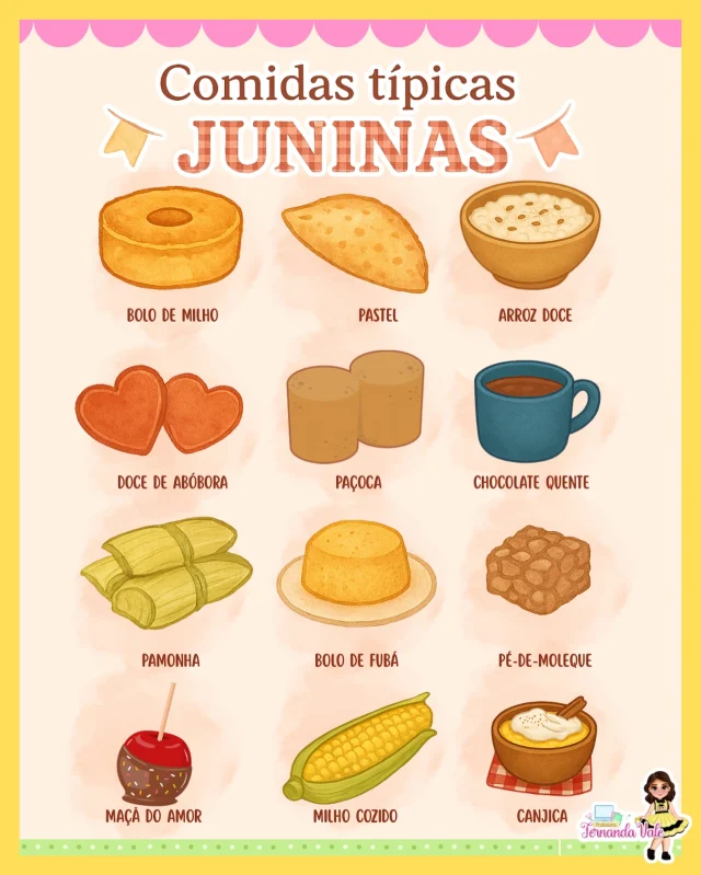 🎉🍽️ Comidas típicas Juninas 🏕️🌽
O sabor das festas está no ar! Essa seleção deliciosa reúne os quitutes mais amados do São João: bolo de milho, pamonha, canjica, cuscuz, paçoca, arroz doce e muito mais! 😋💛 Tudo com aquele gostinho de tradição que aquece o coração.

✨ Salve esse post e compartilhe com quem ama uma festinha junina!
#FestaJunina #ComidasJuninas #ArraiáDoBom #TradiçãoBrasileira #EducaçãoComAmor #SãoJoão