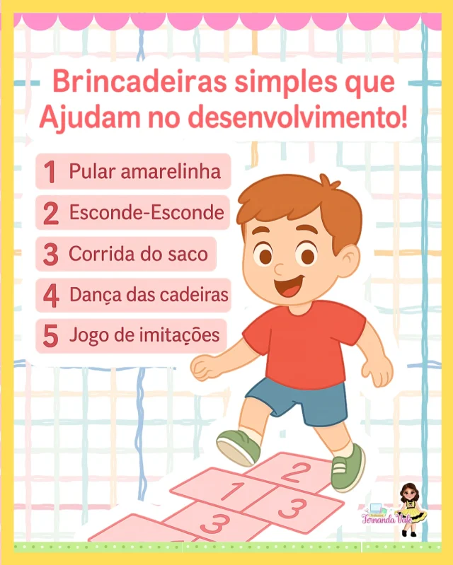 🎯 Brincadeiras simples, aprendizados gigantes!
Essas atividades clássicas estimulam o corpo, a mente e ainda garantem risadas! 😄💛
Pule, corra, esconda, dance e imite… o desenvolvimento acontece brincando!

✨ Salve esse post e compartilhe com outros educadores!
#BrincarÉAprender #DesenvolvimentoInfantil #EducaçãoComAmor #AtividadesLúdicas #DicasParaProfessores