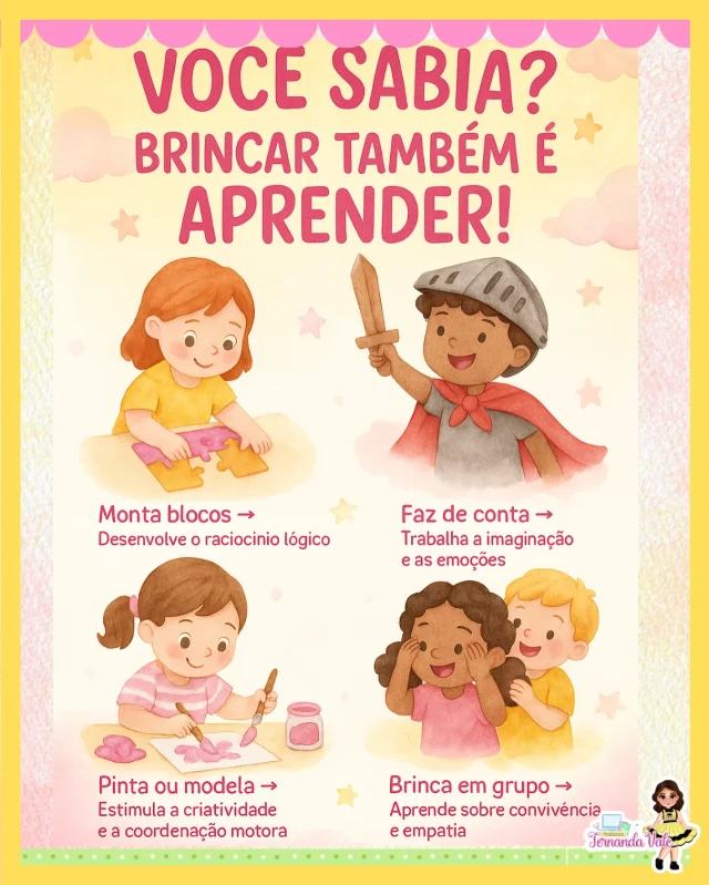 🎨🧠 Você sabia? Brincar também é aprender! 🧸📚

Na educação infantil, cada brincadeira é uma oportunidade de desenvolvimento! Quando a criança:
• 🧩 Monta blocos → desenvolve o raciocínio lógico
• 🎭 Faz de conta → trabalha a imaginação e as emoções
• 🎨 Pinta ou modela → estimula a coordenação motora e a criatividade
• 👯‍♀️ Brinca em grupo → aprende sobre convivência, empatia e regras

💡 Brincar é coisa séria!
É por meio da ludicidade que a criança constrói saberes, experimenta o mundo e desenvolve a autonomia com alegria!

Salve esse post e compartilhe com outras educadoras! 💕
#educacaoinfantil #brincareaprender #pedagogia #infanciafeliz #professoraorganizada #aprendizageludica #atividadesinfantis #professorafernandavale