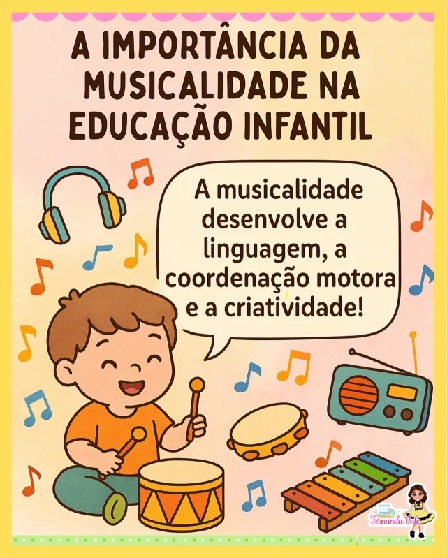🎶 A musicalidade na infância vai muito além da diversão!
Ela estimula a linguagem, a coordenação motora, a concentração e a criatividade das crianças! 💛
Na Educação Infantil, cada som vira uma nova descoberta!
✨ Aprender com ritmo é aprender com alegria!

#MusicalidadeNaInfância #EducaçãoInfantil #AprenderBrincando #DesenvolvimentoInfantil #CriatividadeInfantil #CoordenaçãoMotora #AtividadesMusicais #ProfessoresCriativos #MusicalizaçãoInfantil #PDFEducativo #MaterialPedagógico