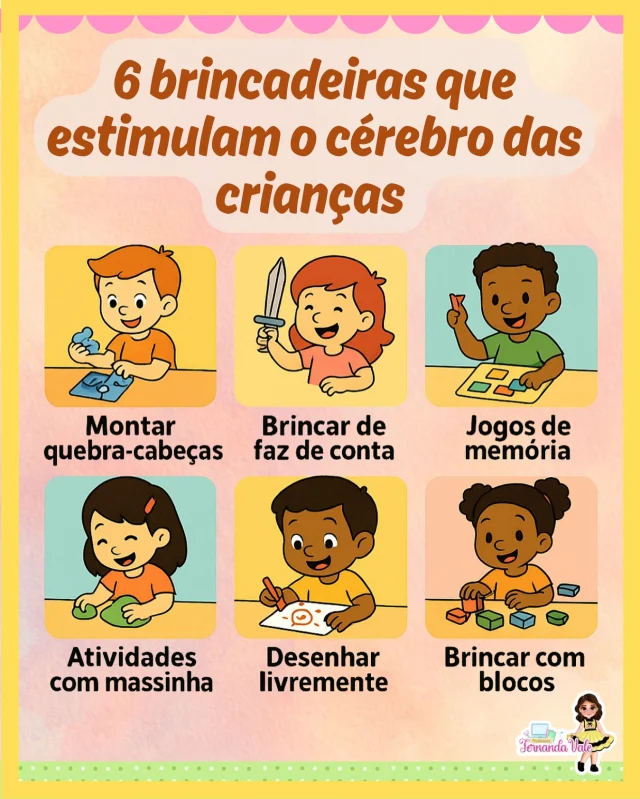 🧠 6 brincadeiras que estimulam o cérebro das crianças!
Brincar é muito mais do que diversão — é desenvolvimento, criatividade, atenção e aprendizado!
Essas atividades simples despertam o potencial infantil de forma natural e encantadora. 💡💛

🌟 Salve para usar em suas práticas pedagógicas!

#educacaoinfantil #desenvolvimentoinfantil #brincarparaaprender #neuroeducacao #atividadeslúdicas #aprendizagemsignificativa #professorafernandavale #ensinarcomamor #brinquedosejogos #rotinapedagogica